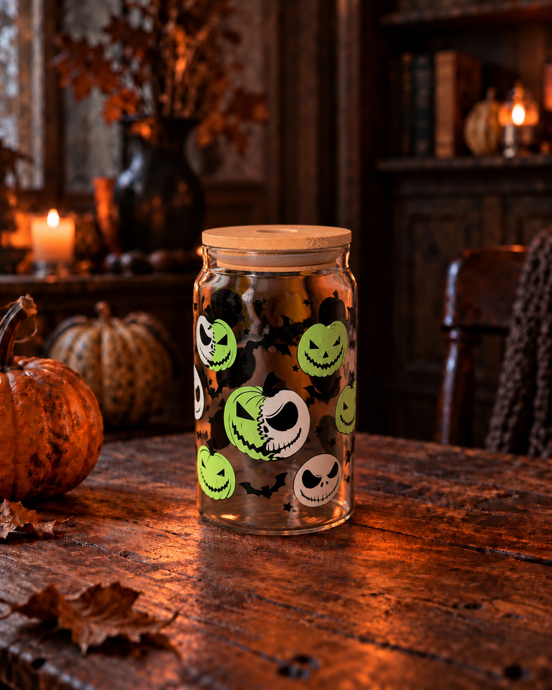 Halloweenská svítící sklenička - Zelené dýně